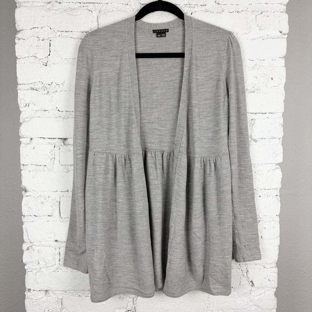 Theory Ethany Grey Wool Knit Open Front Tulip Long Sleeve Cardigan Sweater M
